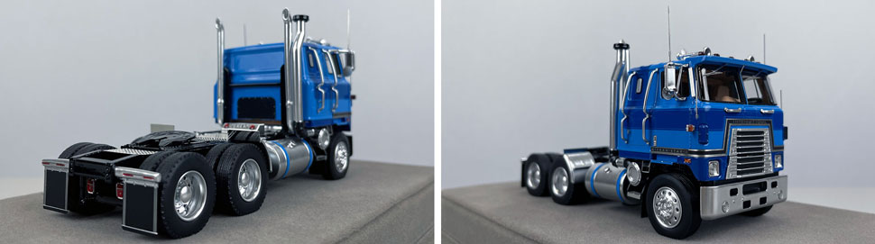 Closeup pictures 11-12 of the International 4070B Transtar II cabover tractor in blue over black