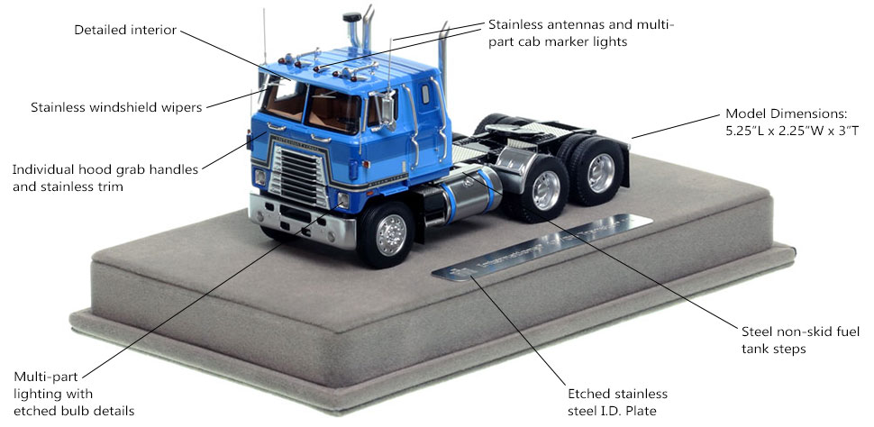 Features and Specs of the International 4070B Transtar II cabover tractor in blue over black