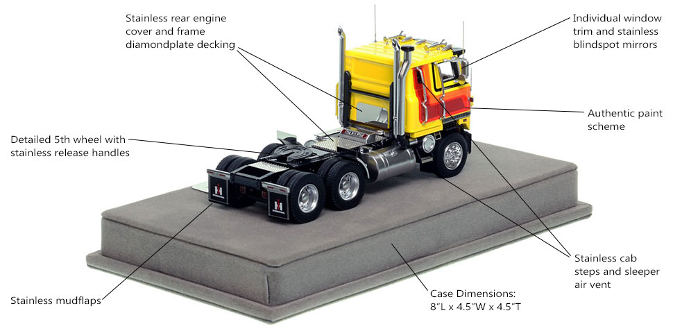 Specs and Features of the International 4070B Transtar II cabover tractor in yellow over black