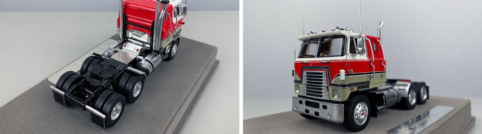 Closeup pictures 3-4 of the International 4070B Transtar II cabover tractor in white and red over black