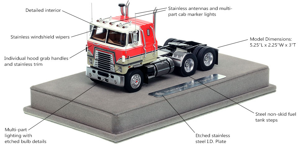 Features and Specs of the International 4070B Transtar II cabover tractor in white and red over black