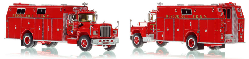 FDNY's 1979 Mack R/Pierce Rescue 1 scale model is hand-crafted and intricately detailed.