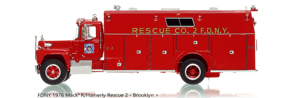 1:50 scale model of FDNY's 1976 Mack R/Hamerly Rescue 2 in Brooklyn