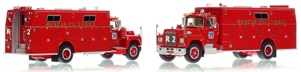 FDNY's 1976 Mack R/Hamerly Rescue 2 scale model is hand-crafted and intricately detailed.