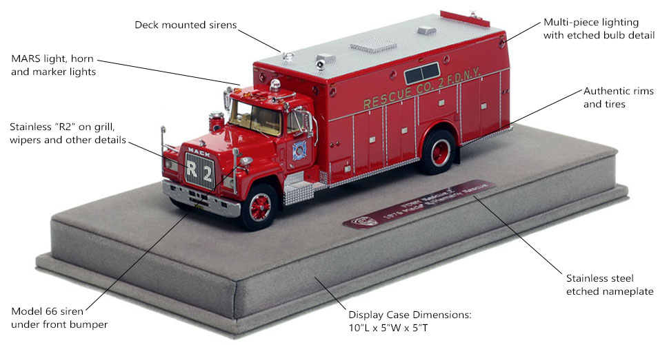 Features and Specs of FDNY's 1976 Mack R/Hamerly Rescue 2 scale model