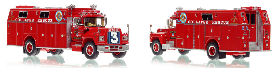 FDNY's 1979 Mack R/Pierce Collapse Rescue 3 scale model is hand-crafted and intricately detailed.