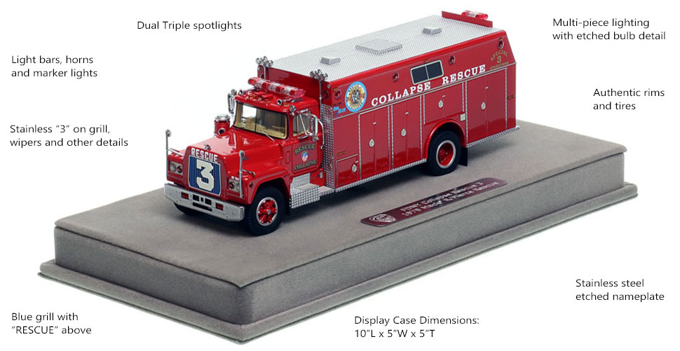 Features and Specs of FDNY's 1979 Mack R/Pierce Collapse Rescue 3 scale model