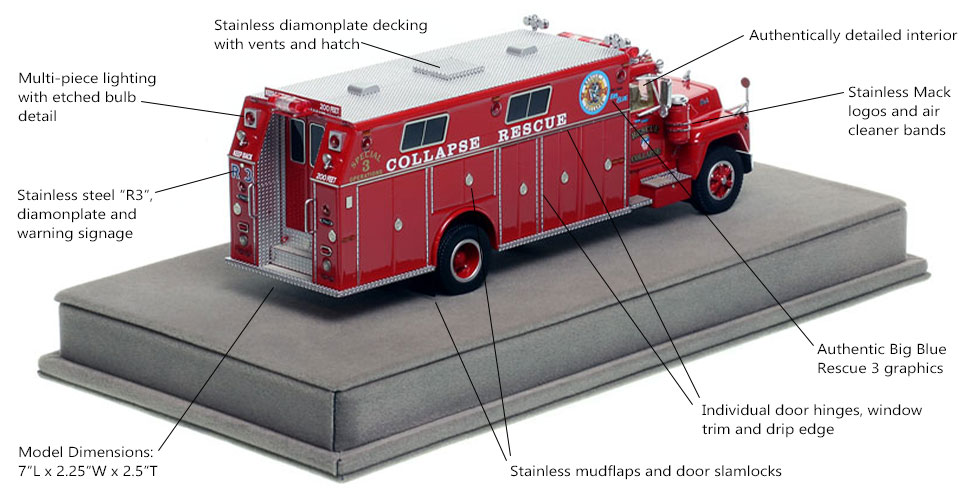 Specs and Features of FDNY's 1979 Mack R/Pierce Collapse Rescue 3 scale model