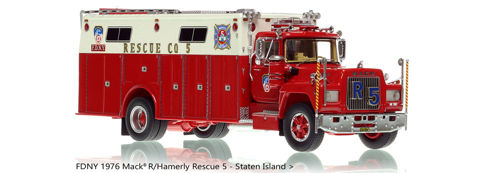 1:50 scale model of FDNY's 1976 Mack R/Hamerly Rescue 5 in Staten Island