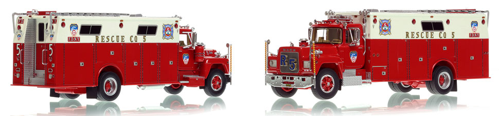FDNY's 1976 Mack R/Hamerly Rescue 5 scale model is hand-crafted and intricately detailed.