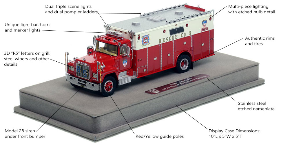 Features and Specs of FDNY's 1976 Mack R/Hamerly Rescue 5 scale model
