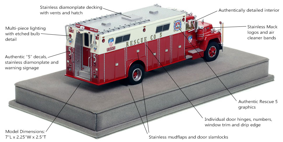 Specs and Features of FDNY's 1976 Mack R/Hamerly Rescue 5 scale model