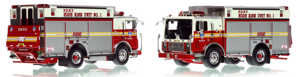 FDNY's 2002 Mack MR/Saulsbury High Rise Unit 1 scale model is hand-crafted and intricately detailed.