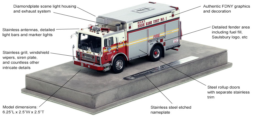 Features and Specs of the FDNY Mack MR/Saulsbury High Rise Unit 1 scale model