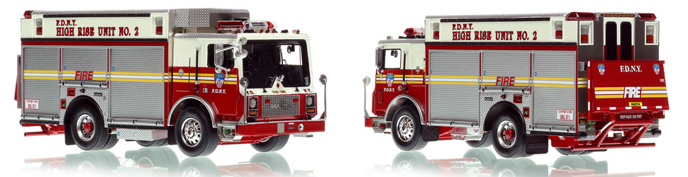 FDNY's 2002 Mack MR/Saulsbury High Rise Unit 2 scale model is hand-crafted and intricately detailed.