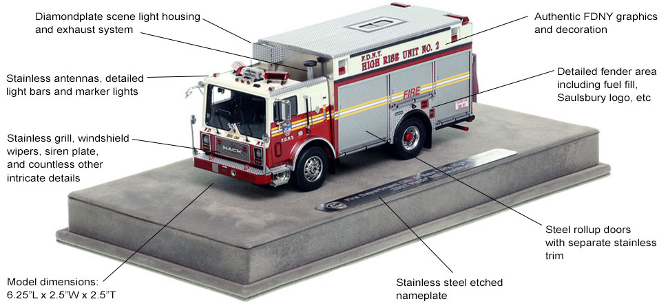 Features and Specs of the FDNY Mack MR/Saulsbury High Rise Unit 2 scale model