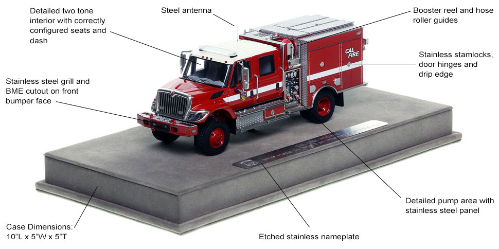 Features and Specs of the CAL FIRE Wildland BME Model 34 Type 3 with steel rims scale model