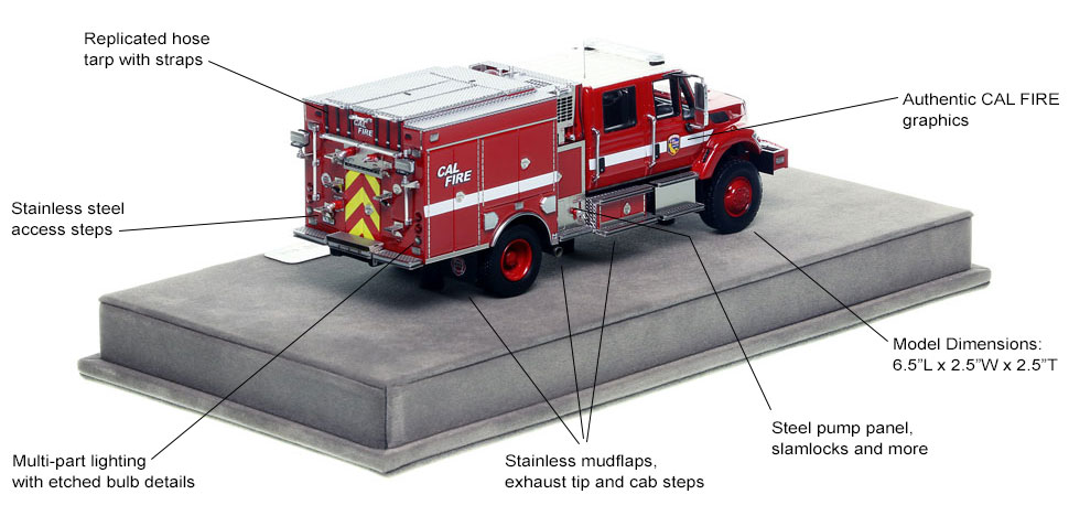 Specs and Features of the CAL FIRE Wildland BME Model 34 Type 3 with steel rims scale model