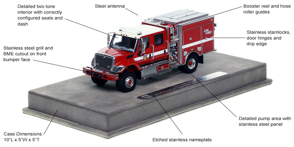 Features and Specs of the CAL FIRE Wildland BME Model 34 Type 3 with aluminum rims scale model