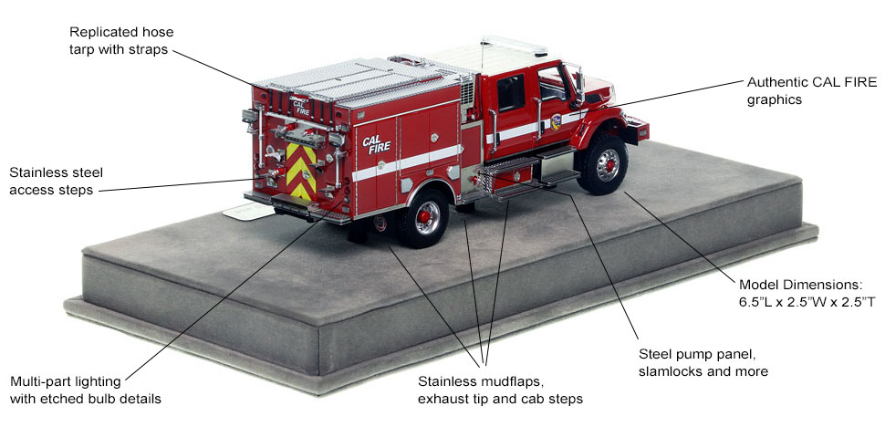 Specs and Features of the CAL FIRE Wildland BME Model 34 Type 3 with aluminum rims scale model