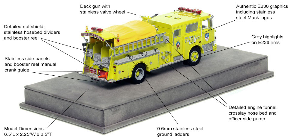 Features and Specs of FDNY's 1981 Mack CF Engine 236 scale model