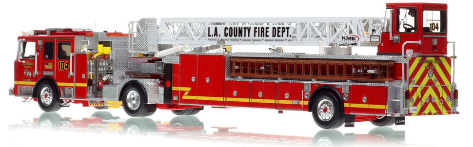 L.A. County KME AerialCat 100' Quint 104 scale model is hand-crafted and intricately detailed.