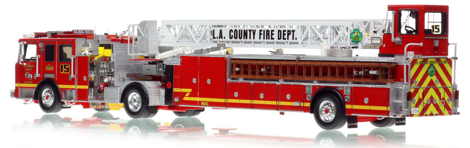 L.A. County KME AerialCat 100' Quint 15 scale model is hand-crafted and intricately detailed.