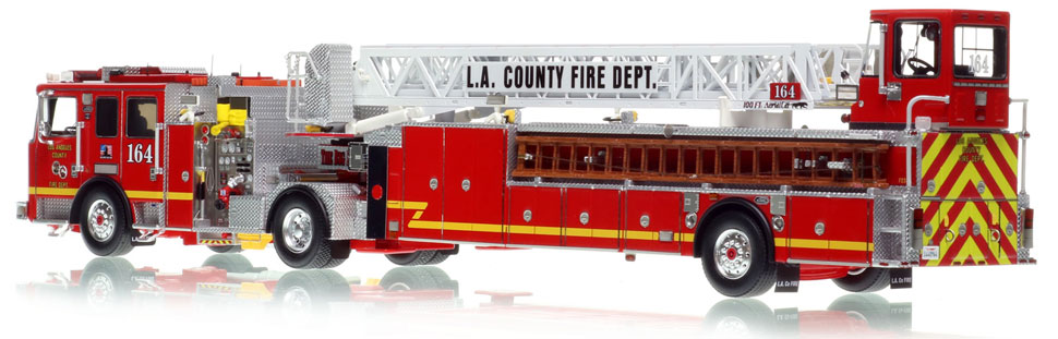 L.A. County KME AerialCat 100' Quint 164 scale model is hand-crafted and intricately detailed.