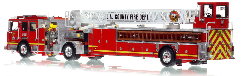 L.A. County KME AerialCat 100' Quint 185 scale model is hand-crafted and intricately detailed.