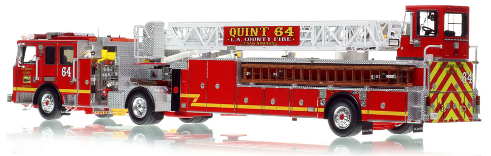 L.A. County KME AerialCat 100' Quint 64 scale model is hand-crafted and intricately detailed.
