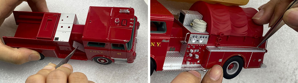 Assembly pictures 13-14 of FDNY's 1968 Mack CF Engine scale models