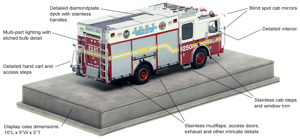 Specs and features of the FDNY 2015 Ferrara HMTU 250 - Brooklyn scale model