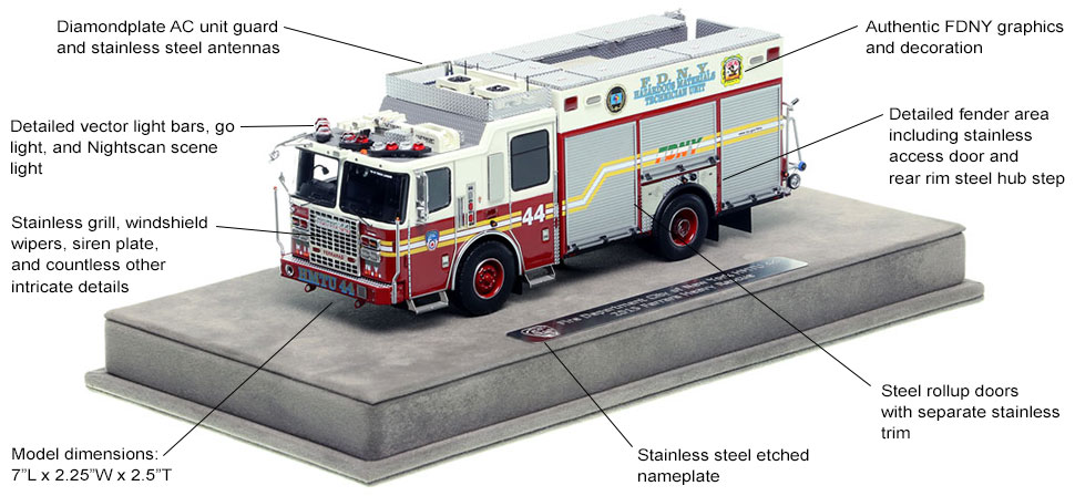 Features and Specs of the FDNY 2015 Ferrara HMTU 44 - Manhattan scale model