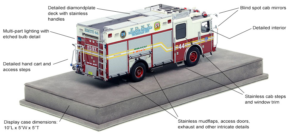 Specs and features of the FDNY 2015 Ferrara HMTU 44 - Manhattan scale model