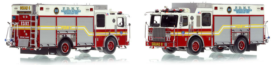 FDNY's 2018 Ferrara HMTU - Squad 8 Second Piece scale model is hand-crafted and intricately detailed.