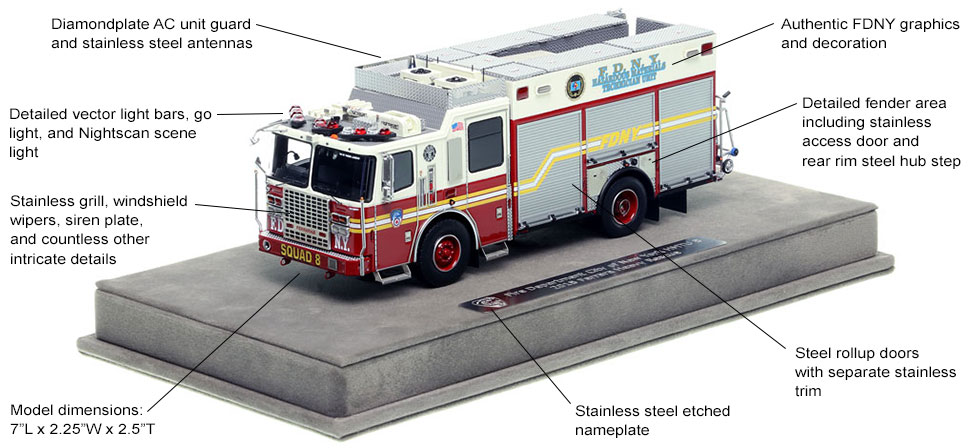 Features and Specs of the FDNY 2018 Ferrara HMTU - Squad 8 2nd Piece scale model