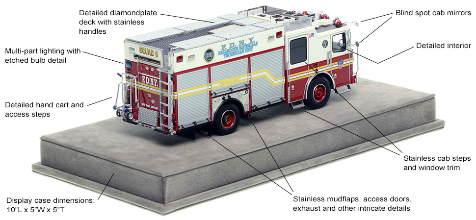 Specs and features of the FDNY 2018 Ferrara HMTU Squad 8 2nd Piece scale model