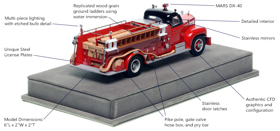 Specs and features of Chicago's 1956 Mack B95 Engine Co. 1 scale model
