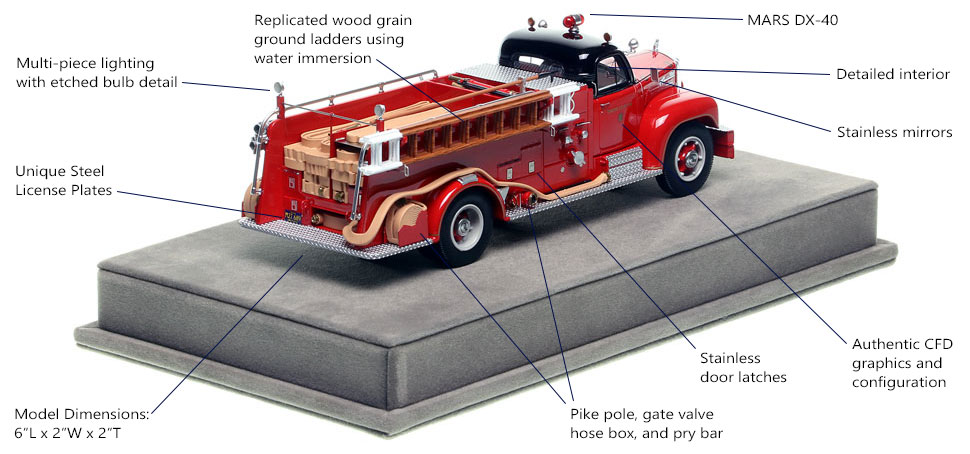 Specs and features of Chicago's 1956 Mack B95 Engine Co. 108 scale model