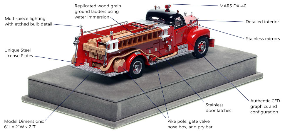 Specs and features of Chicago's 1956 Mack B95 Engine Co. 87 scale model
