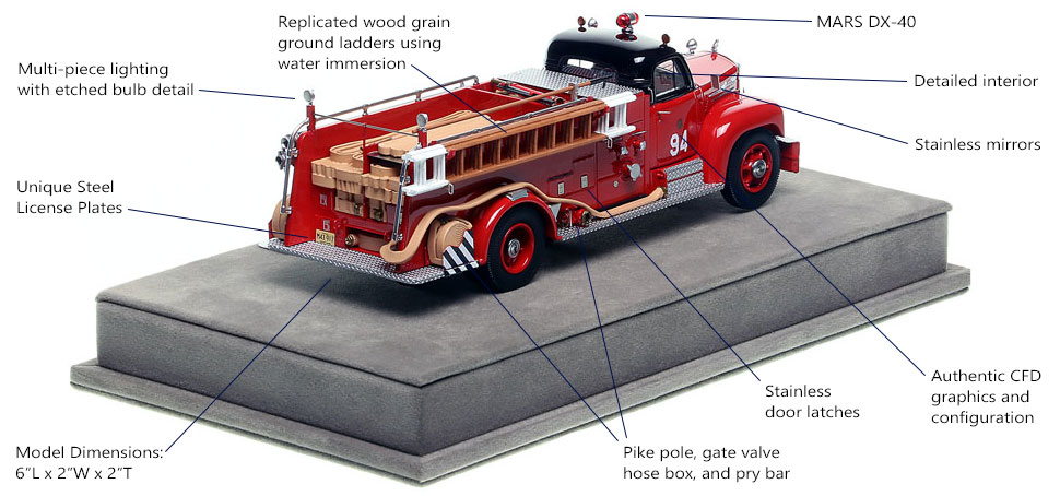 Specs and features of Chicago's 1956 Mack B95 Engine Co. 94 scale model